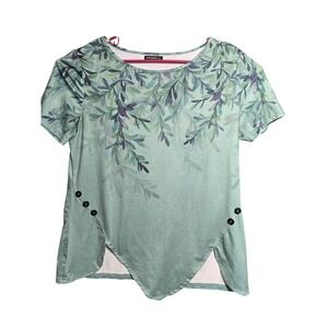 JustFashionNow Womens XL Sage Green Botanical Leaf Print Asymmetrical Button Top